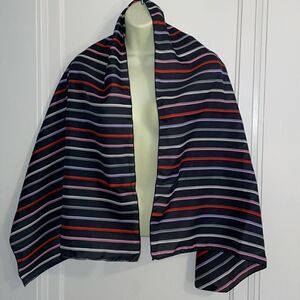 Vtg 70s black, pink, red, gray & white striped polyester‎ scarf or wrap